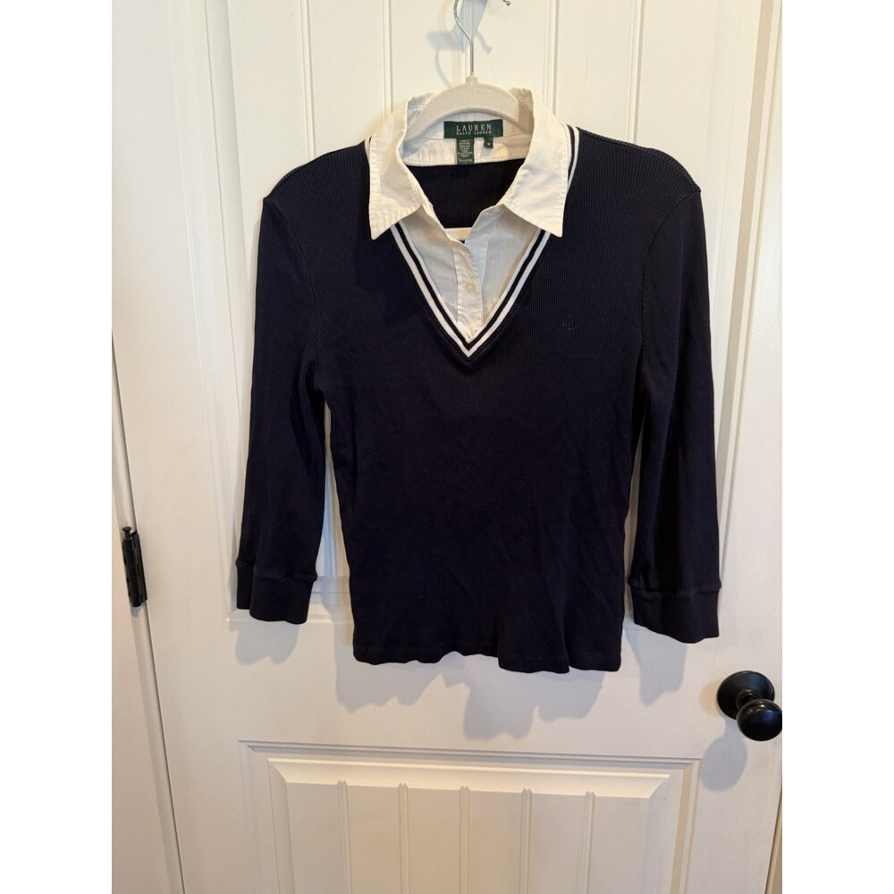 Lauren Ralph Lauren Women M Navy White Layered Look V Neck Top 3/4 Sleeve